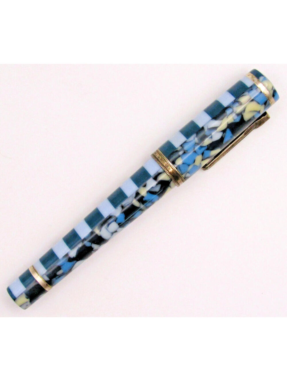 Krone Dissonance in Alternating Marbled Blue and Block Motif Ballpoint Pen